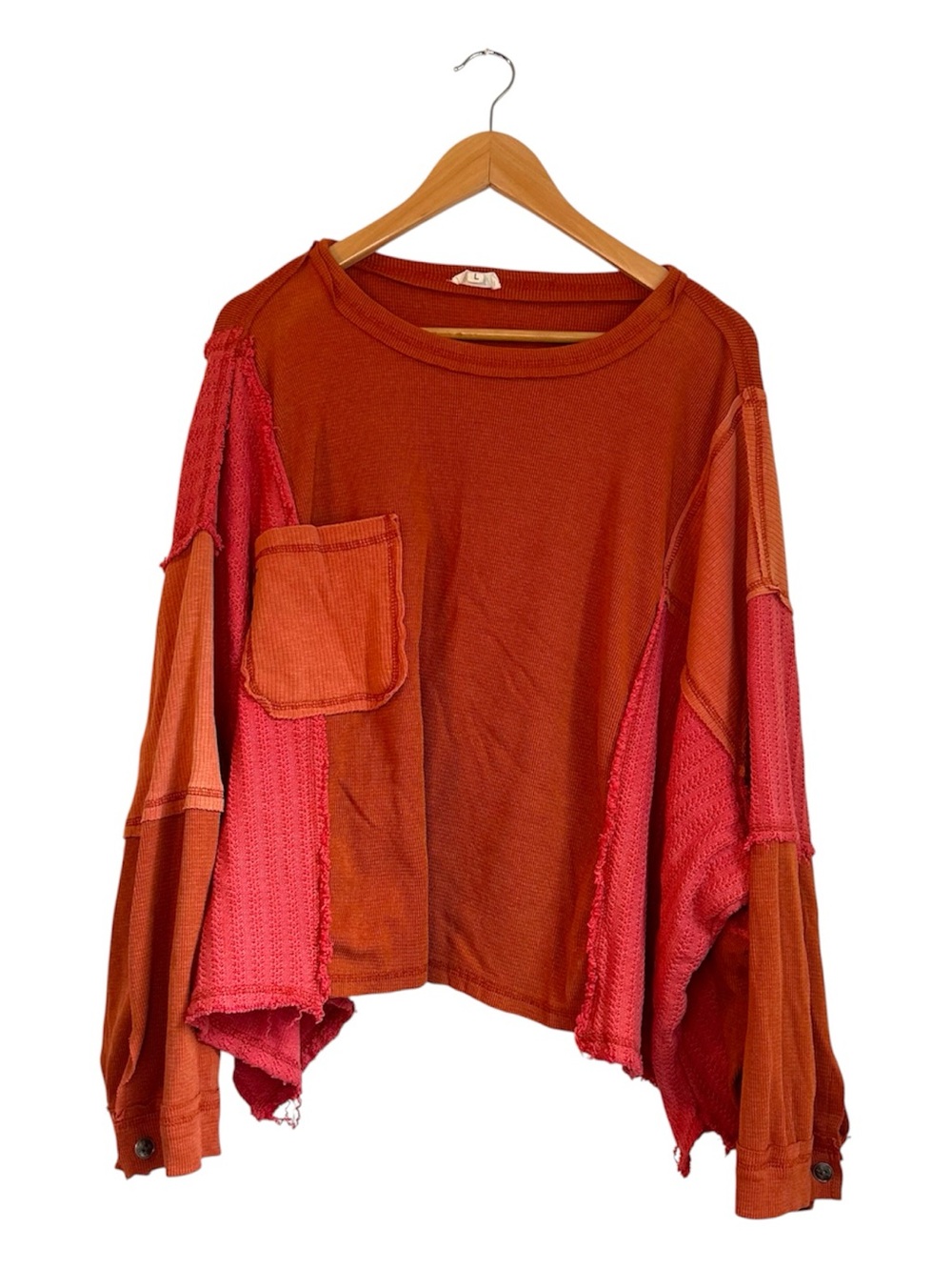 POL Patchwork Oversized Long Sleeve Tunic Top in Rust and Coral Size Large